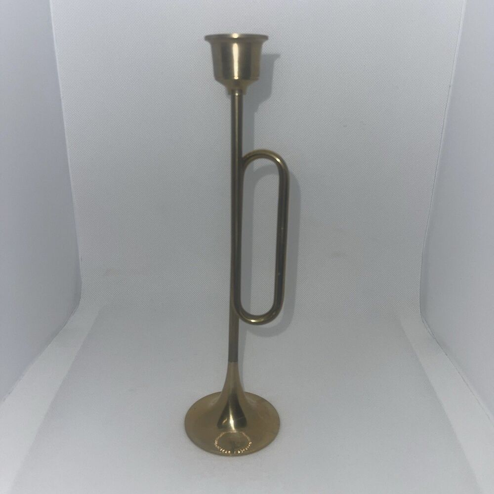 Vintage Brass Trumpet Candlestick Taper Candle Holder Decor Bugle Christmas 9”